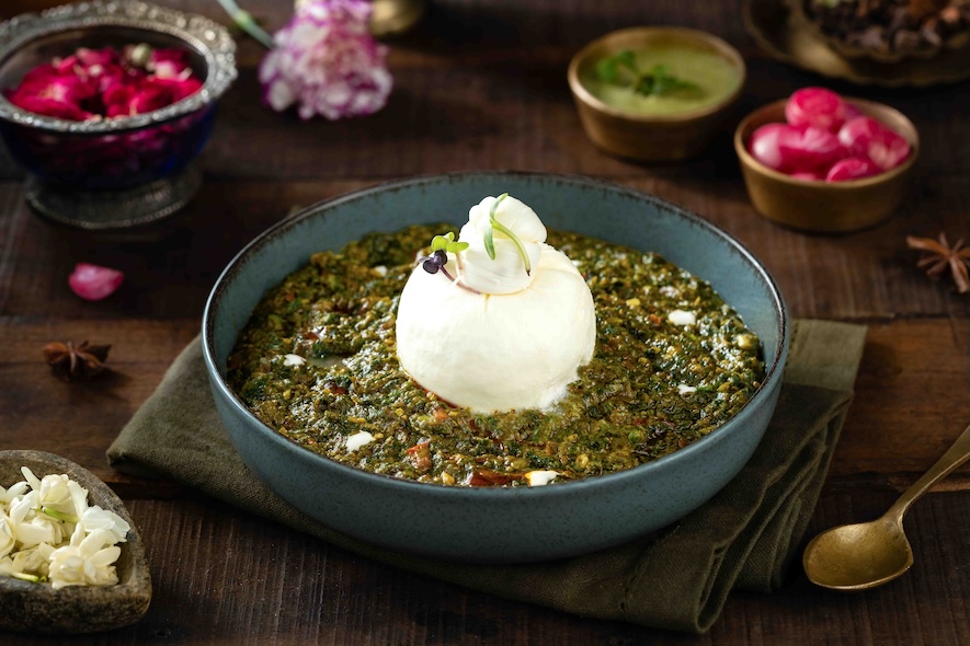 Palak Burrata Tadka Rani Palak Burrata - Modern Indian fusion dish